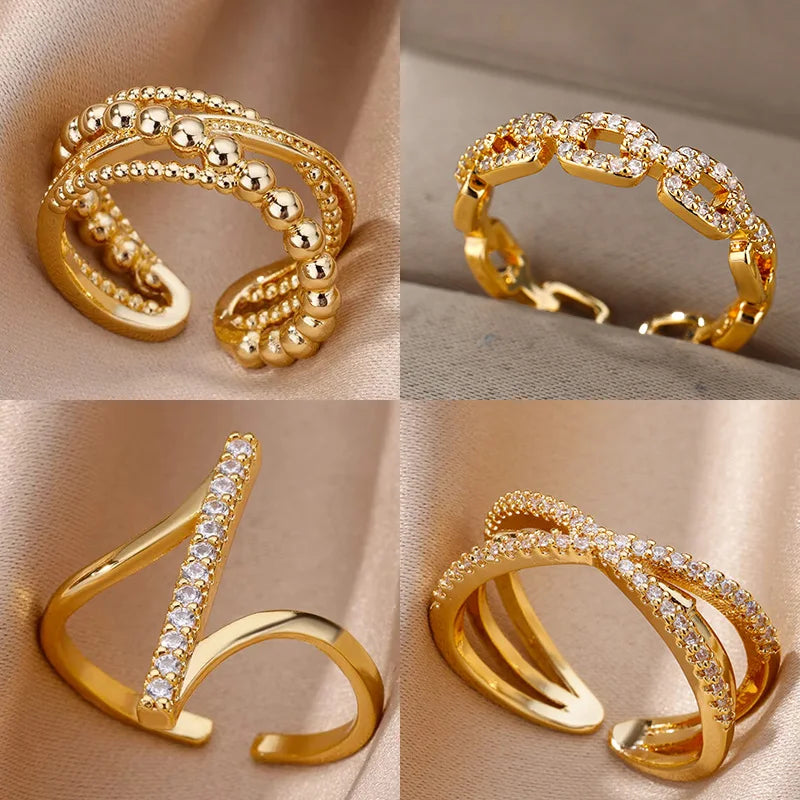 Zirkon Geometrische Ringe Für Frauen Gold Farbe Edelstahl Öffnung Ring